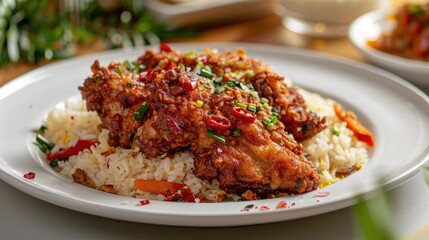 Fried chicken skin and warm rice on a white plate