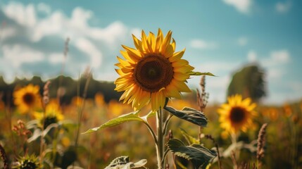 Summer backdrop with sunflower blooms in farm field