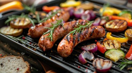 Grilled sausage with veggies on a lovely pan