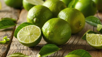 Fresh limes displayed on a wooden table