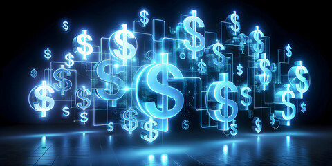 Obraz premium 3D Glowing Abstract Cash Acquisition with Digital Assets Icons - Modern Financial Transactions Design for Business Marketing