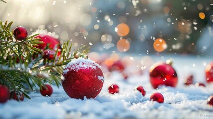 Festive decorations in snowy setting