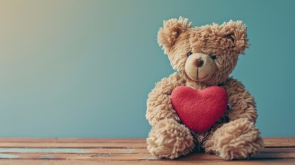 Obraz premium Teddy bear with heart symbol and pastel blue background on wooden table