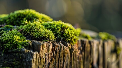 Green moss growing on aged timber