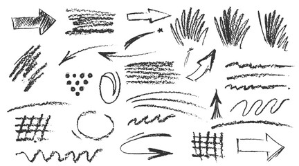 Charcoal pencil hand drawing curly lines, splash, squiggles and shapes. Black elements on white background. Grunge chalk crayon scribbles doodles textures. Rough crayon strokes. Vector illustration