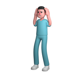 3D Model of Professional Male Nurse. A male nurse is seen standing with both hands covering his ears, as if he is disturbed by the disturbances around him. Healthcare Character