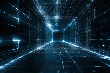 A Futuristic Digital Tunnel of Interconnected Lines and Glowing Spots