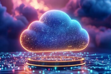 Vibrant cloud illuminated with neon lights symbolizing futuristic cloud computing digital storage and advanced virtual connectivity in modern systems