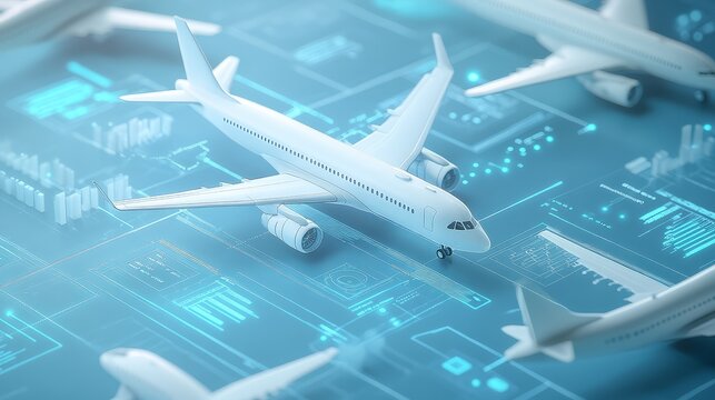 3D Cartoon Image of Aviation Efficiency with Fleet and Route Data Visualizations