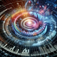 Dynamic abstract representation of a digital vortex with vibrant energy waves, circuits, and data visualization elements. The image conveys futuristic technology concepts, digital transformation, and