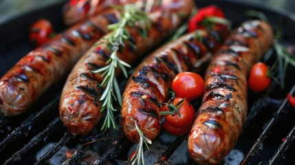 Grilled sausages with tomatoes pepper and rosemary BBQ food scene