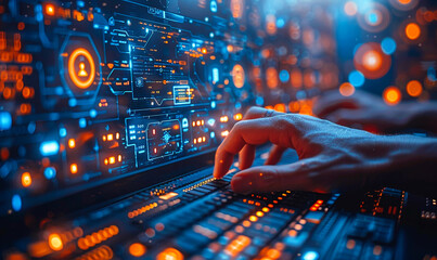 IT professional in VR glasses coding secure encrypted data protection software on laptop, digital padlock network, futuristic cyber security technology