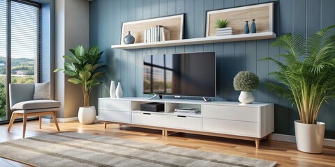 Modern white TV cabinet in a living room setting, TV stand, entertainment unit, storage, home decor