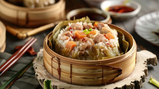 Steamed sticky rice with chicken and a variety of ingredients traditional Cantonese dim sum wrapped in lotus leaf