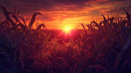 Sunset in a summer cornfield