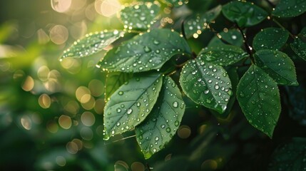Green morning leaves with dew