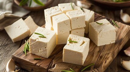 Tofu sliced on a wooden board