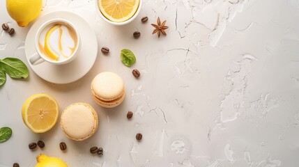 Top down view of lemon coffee milk macaroon dessert on a light background with space for text