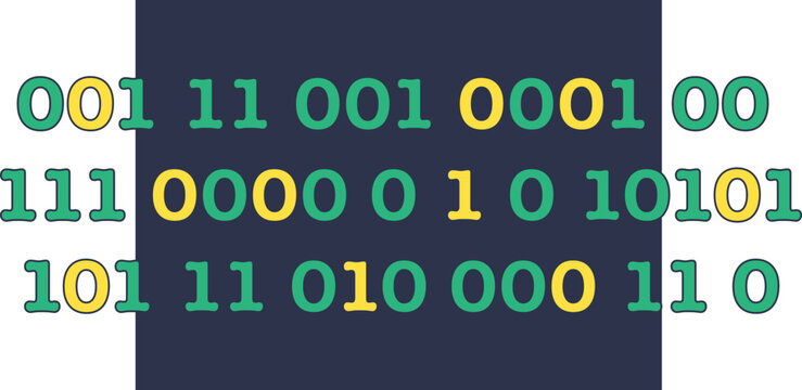 Binary code representation with sequences of 0s and 1s in green and yellow on a dark background.