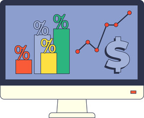A computer screen displaying various financial graphs and charts, including bar graphs, line charts, and a dollar symbol, representing financial analysis and market trends.