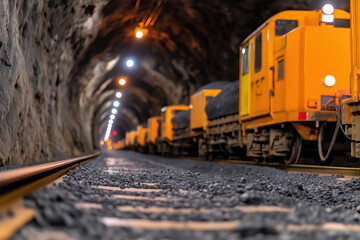 Mining train inside a tunnel, transporting coal with bright industrial lights, underground transportation
