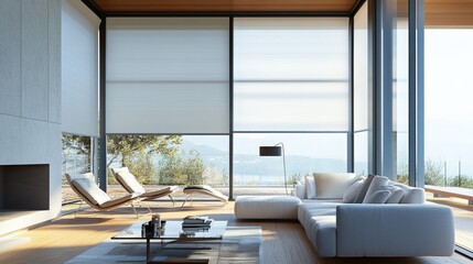 Automated window coverings enhance modern interiors, providing convenience and comfort:

* Motorized blinds offer effortless control, while large solar shades block the sun