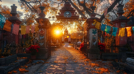 Fototapeta premium Golden Hour at the Cemetery Entrance - Photo