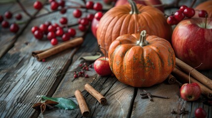 Thanksgiving table decor Pumpkins berries apples cinnamon on rustic wood