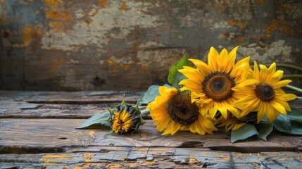 Sunflowers on aged table replaced by sunflowers on wooden surface with room for text