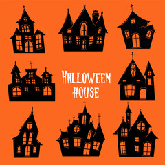 Hand painted illustration Halloween house collection on a red background