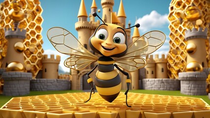 The Queenie the Diva poses in front of a golden honeycomb castle. 