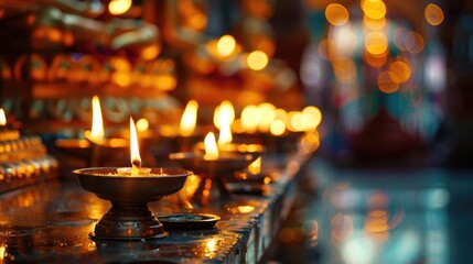 High quality image of Buddhist oil lamps burning in a temple with blurred background