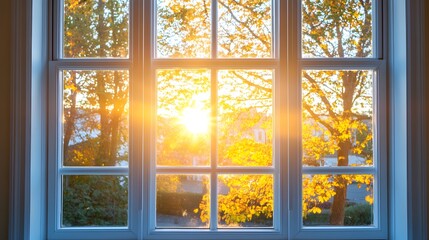 Fototapeta premium A Window View of a Tree with Golden Leaves in the Sunset Light
