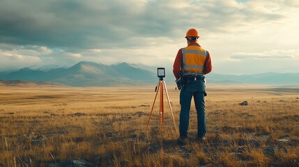 Engineer Surveying Land A land surveyor engineer standing in an open field, holding a GPS device, with surveying equipment and vast land stretching into the horizon. 