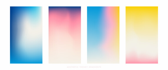 Fototapeta premium Pastel gradient sky pattern set. Abstract clear blue sky. Pastel rainbow. Light blue, pink, yellow color vector banner. Blurred light fuzz colorful gradient background. Vector soft vertical backdrop