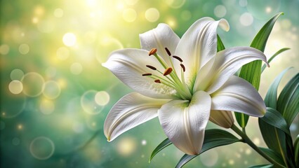 Beautiful white lily is blooming on a blurred green background with bokeh