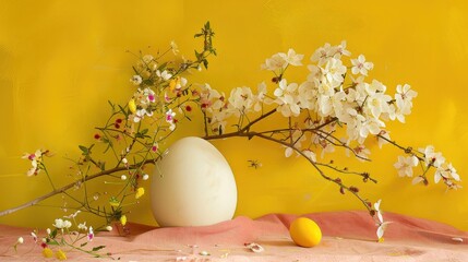 Spring blooms an egg and flower display on a mustard backdrop in Italy