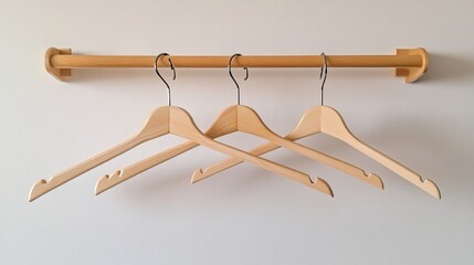 Bare wooden clothes hangers hang neatly on a pristine white wall, forming an orderly array. The empty hangers evoke a sense of anticipation, ready to embrace garments that will bring life