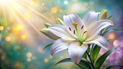 Fototapeta premium Beautiful white lily is blooming on a blurred green background with bokeh