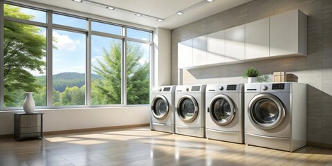 Modern laundry room with front loading washers, sleek design, and ample natural light , laundry room, modern, front loading