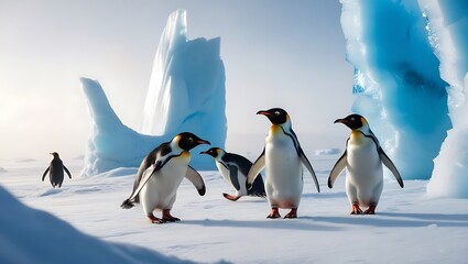 Fototapeta premium Discover the enchanting world of penguins as they navigate the stunning and dramatic ice formations of their natural habitat.