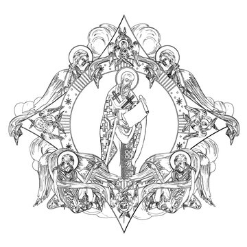 recommend clip art: Saint Gregory Palamas (name english). Religious dome with apostles and angels in sky. Coloring page in Byzantine style