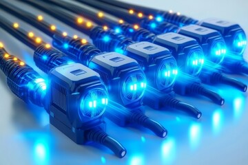 Fototapeta premium Glowing blue data cables with large connectors representing high speed data transmission secure networking systems and modern telecommunication infrastructure