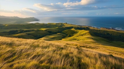 Obraz premium The stunning scenery of grasslands and hills leading to the ocean