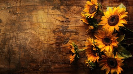 Sunflowers on aged table replaced by sunflowers on wooden surface with room for text