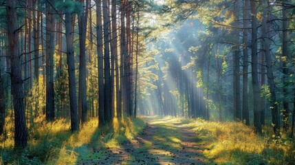 Obraz premium Sunlight filters through pine forest casting light on path