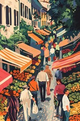 A painting of a vibrant street market with colorful vegetables and fruits
