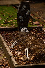 Halloween pumpkin and skeleton for decorated house. Scary Decorated at front yard of a house. Decoration of the house for the holiday of Halloween. Pumpkin skeletons and terrible monsters.