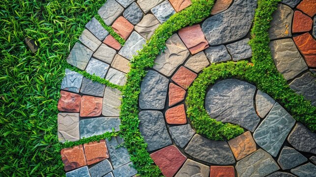 Multicolored nested pavers enhancing stylish garden with green grass