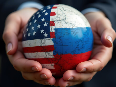Hands holding globe in colors of US and Russian flags, confrontation between two systems. Concept of hegemony and domination